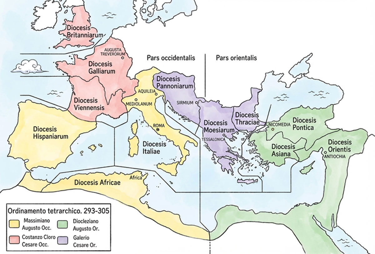 La mappa mostra come il governo dell'impero fosse distribuito tra più centri di potere ai tempi della tetrarchia.