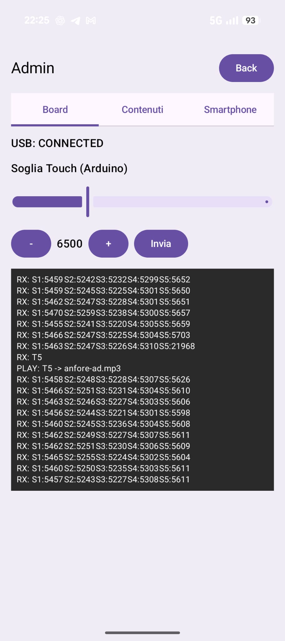 Schermata Board di Hi-Storia Go con USB connessa e diagnostica dei sensori