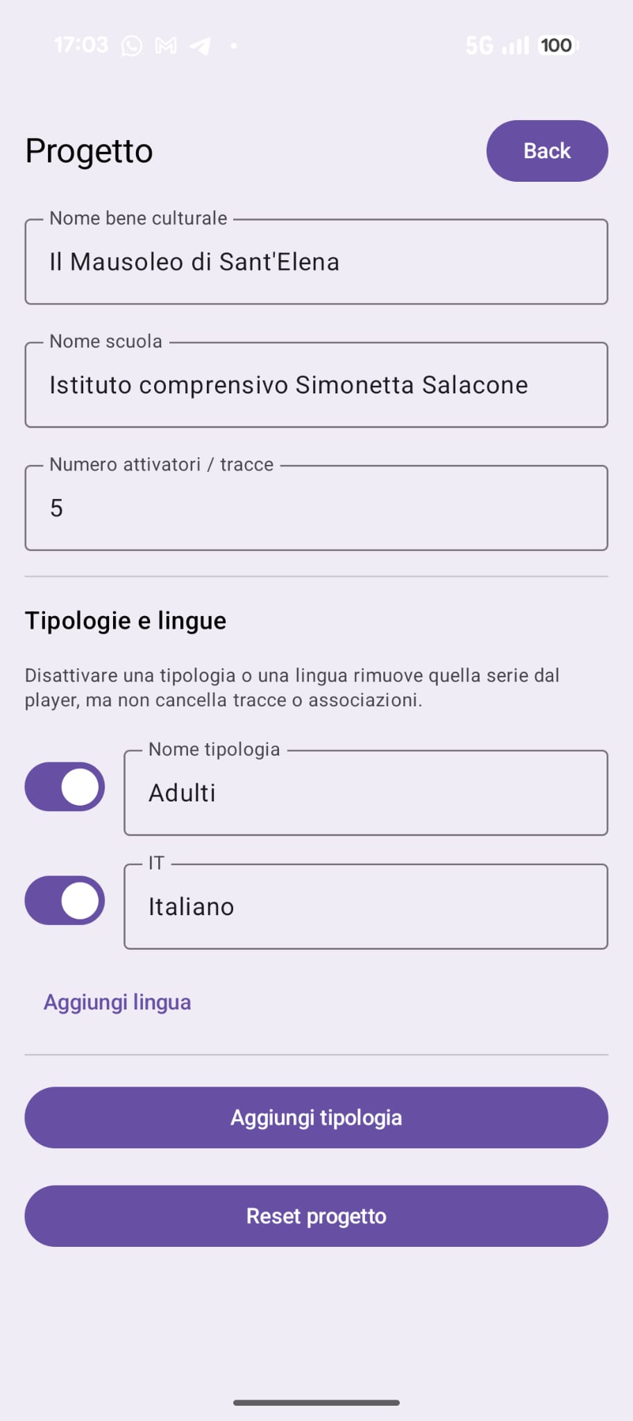 Schermata di configurazione del progetto Hi-Storia Go