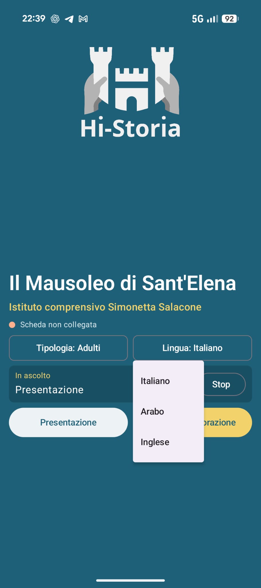 Menu di selezione della lingua in Hi-Storia Go