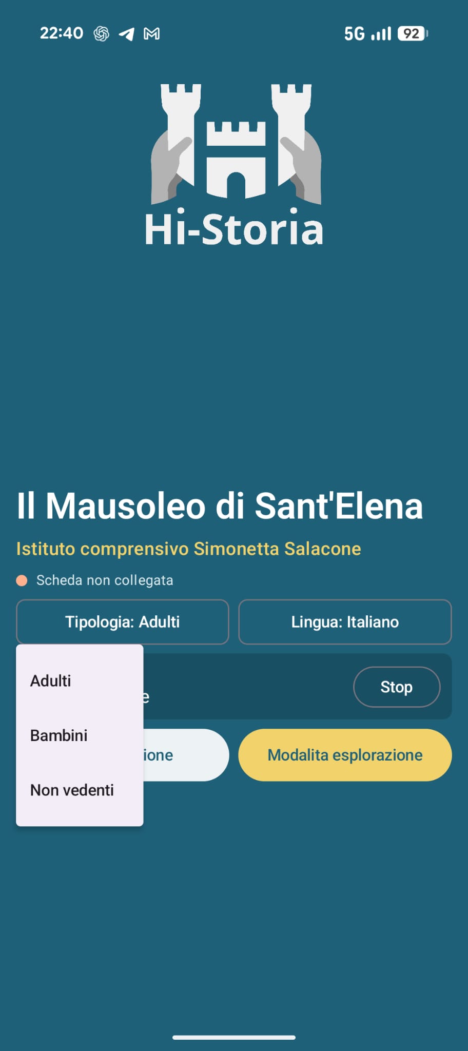 Menu di selezione della tipologia di contenuto in Hi-Storia Go