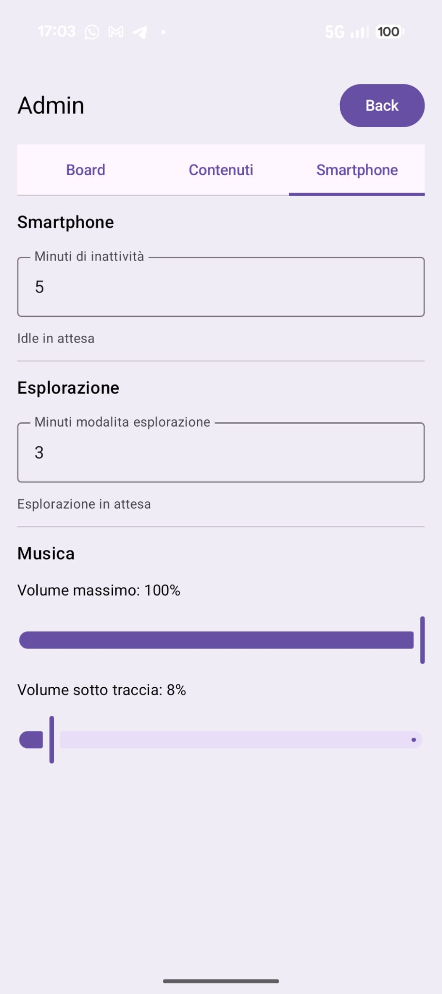Schermata Smartphone di Hi-Storia Go con impostazioni di inattività esplorazione e musica